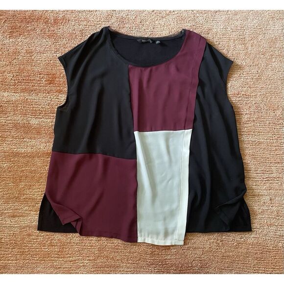 Simply Vera Vera Wang Colorblock Sleeveless Top Tunic 1X Burgundy Black Cream Bl - Picture 1 of 7